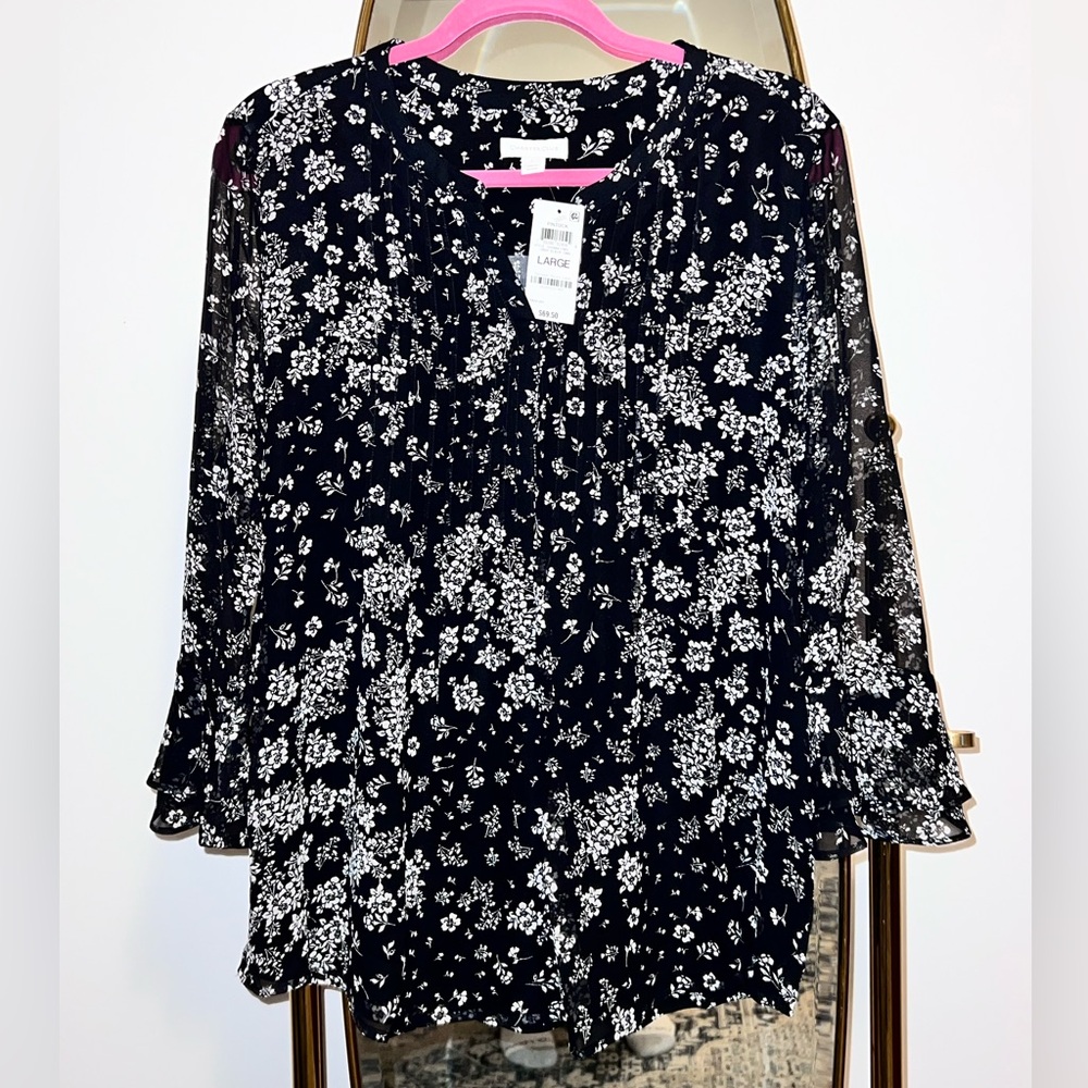 NWT Charter Club Black Floral Pintuck 3/4 sleeve Blouse Size L